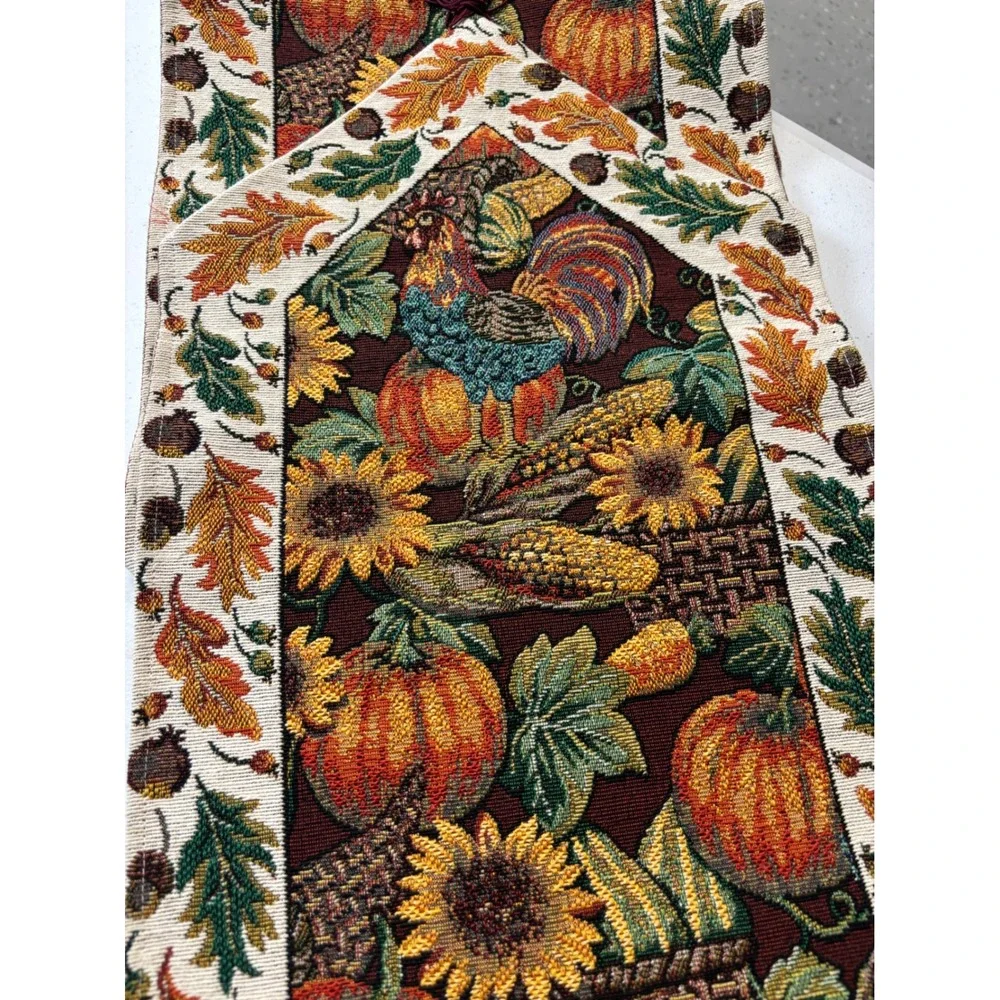 Harvest Tapestry Table Runner Multicolor Pumpkin Rooster Autumn Thanksgiving